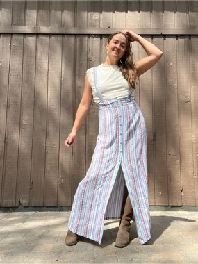 En Creme Striped Midi Skirt with Suspenders in Blue, Red, Cream Large